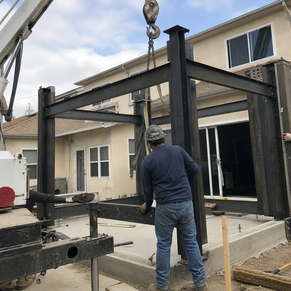Construction worker installing a steel structural frame for an accessory dwelling unit