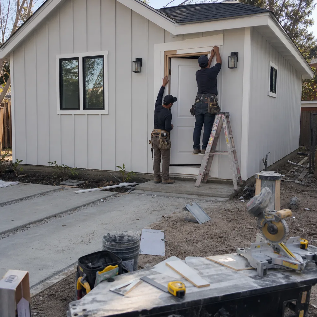 Two contractors installing door trim on a modern white ADU