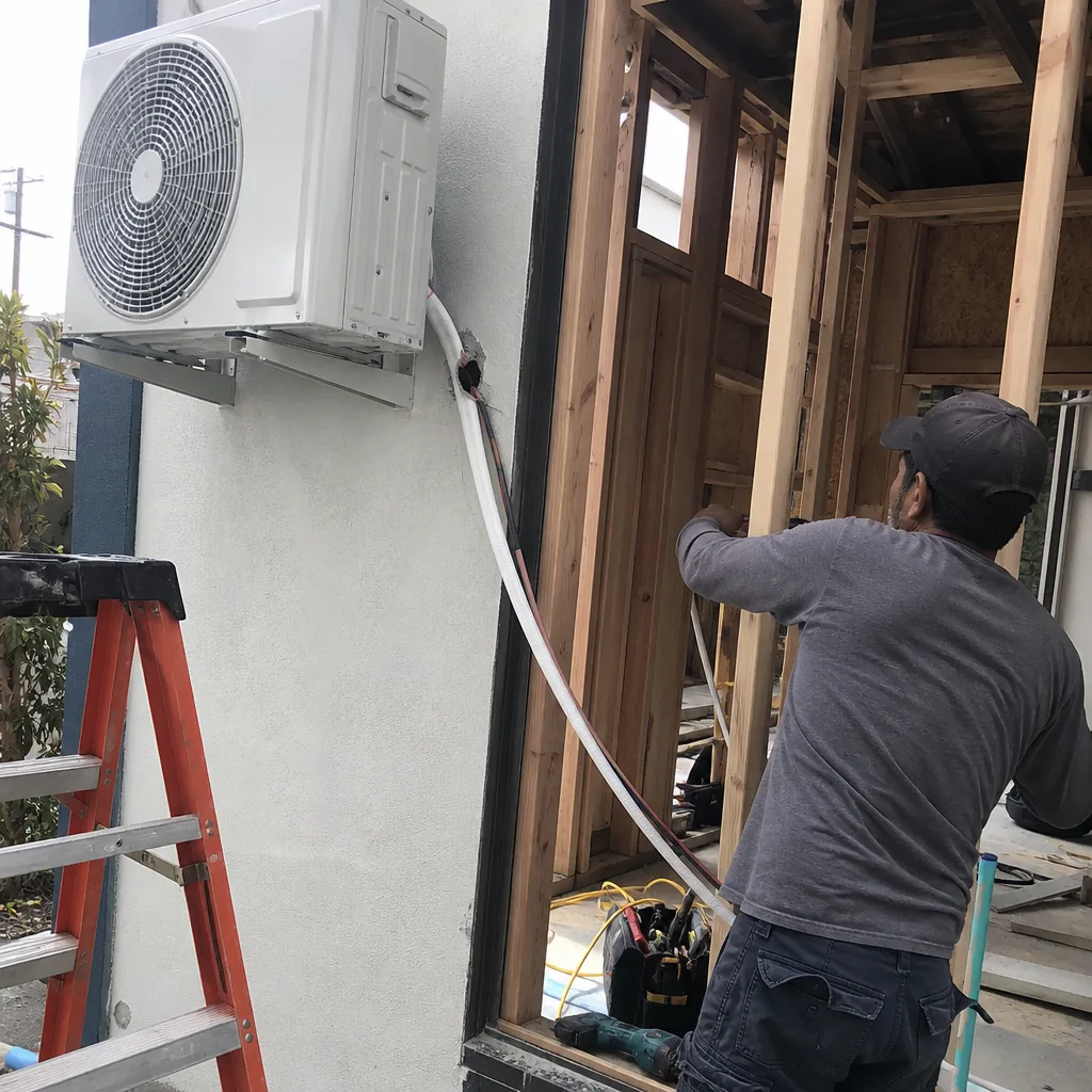 Contractor installing HVAC system for a professional garage conversion project in Carson, CA