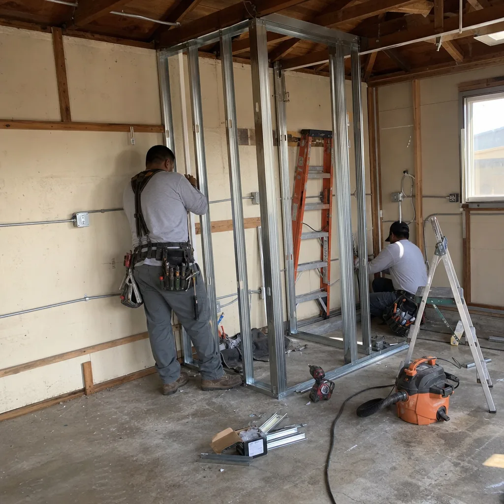contractors installing metal stud framing during a professional garage conversion
