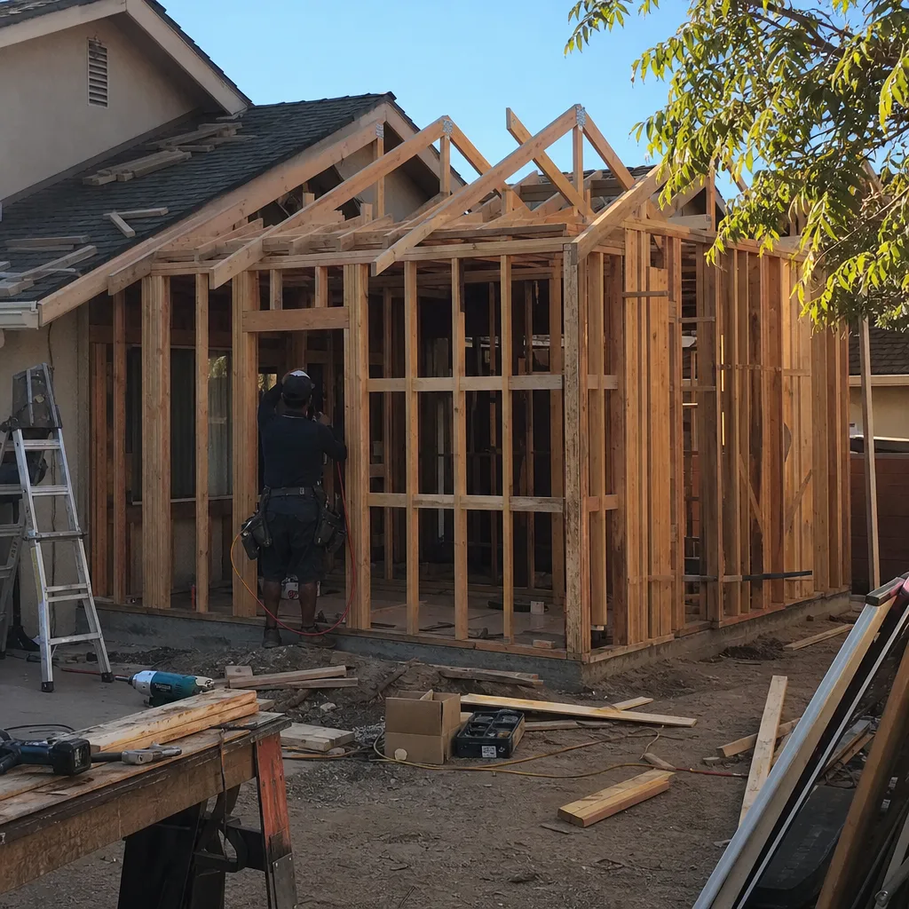 Contractor building a wood-framed home addition in a backyard