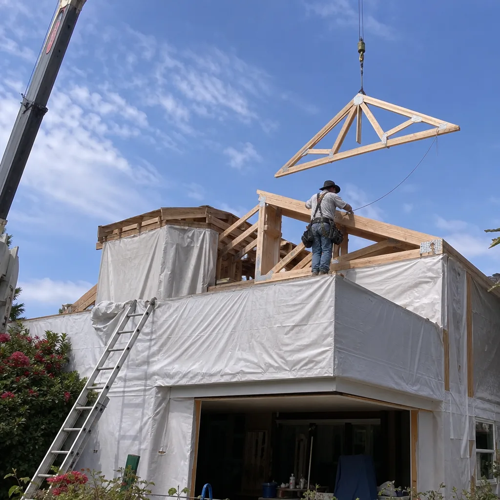 Contractor installing roof trusses on a residential home addition project