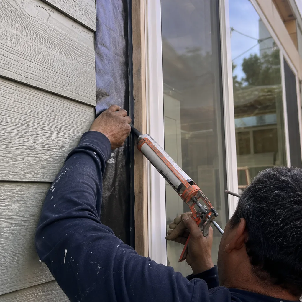 Contractor applying sealant to a window frame during a home addition