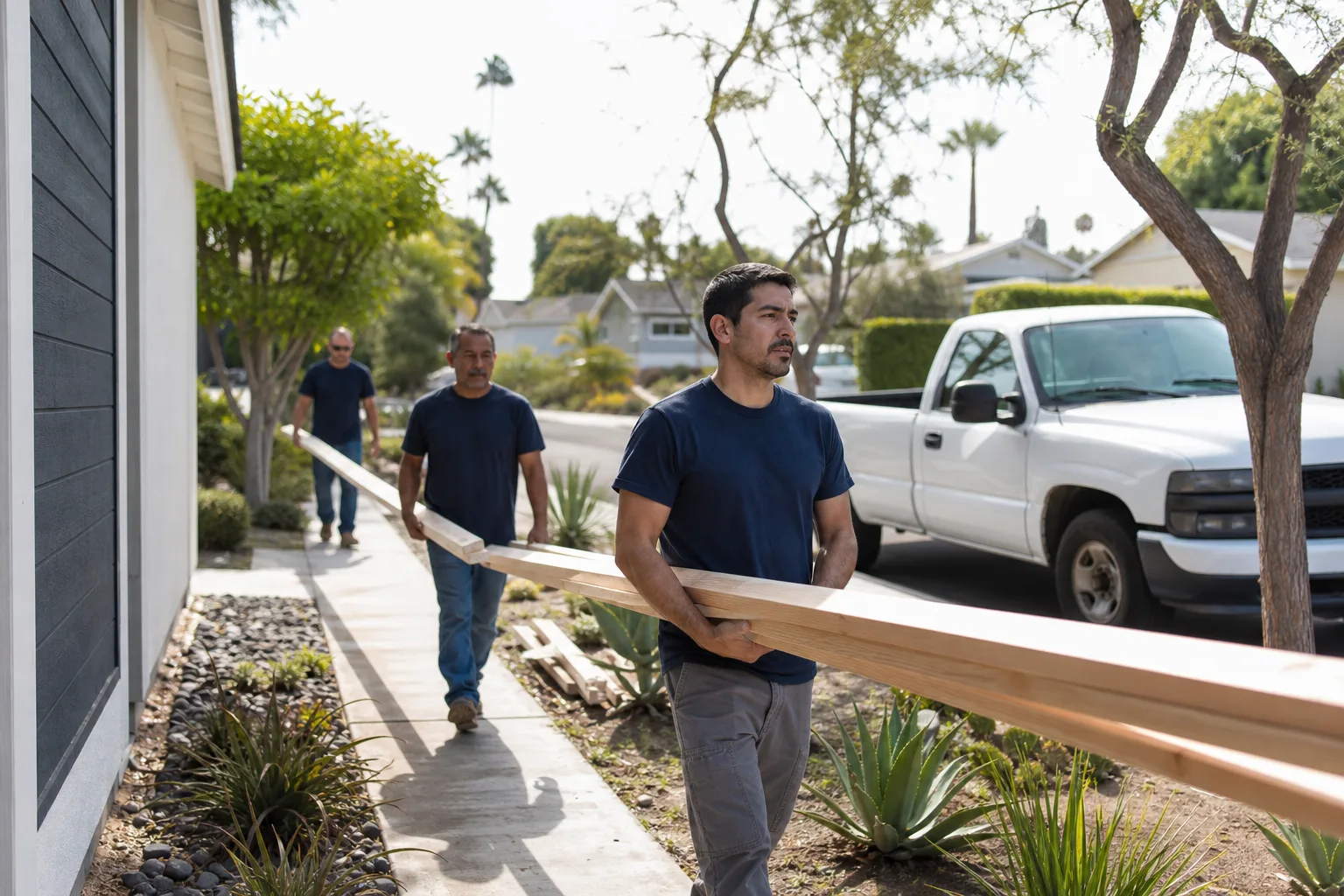 A building crew carrying lumber to a backyard ADU site